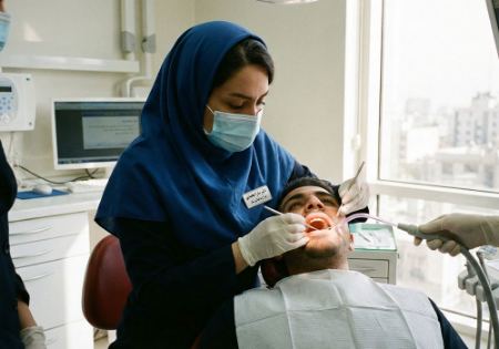 دندان پزشک ایرانی در حال معاینه بیمار